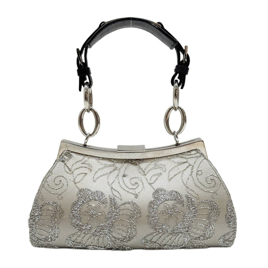 Floral Embroidered Mesh Silver Satin Hand Bag