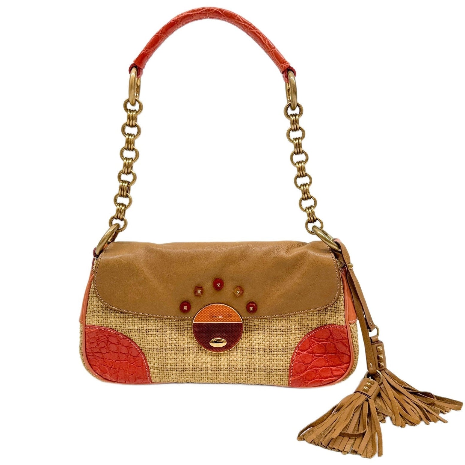 Orange & Beige Raffia Shoulder Bag