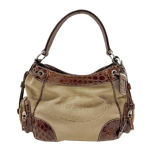 Brown Cotton & Leather Shoulder Bag