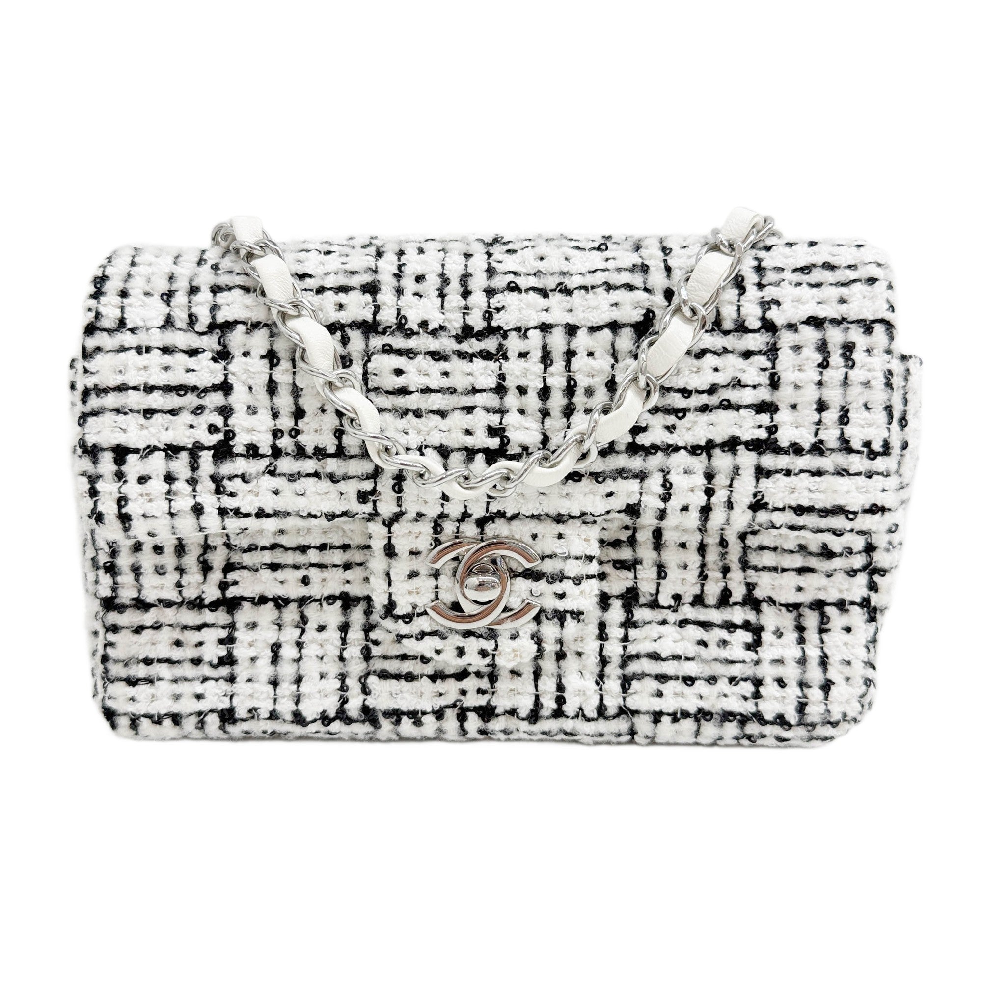 Rectangular Mini Classic Flap 2021-2026 Sequined Matelasse Black & White Tweed Shoulder Bag