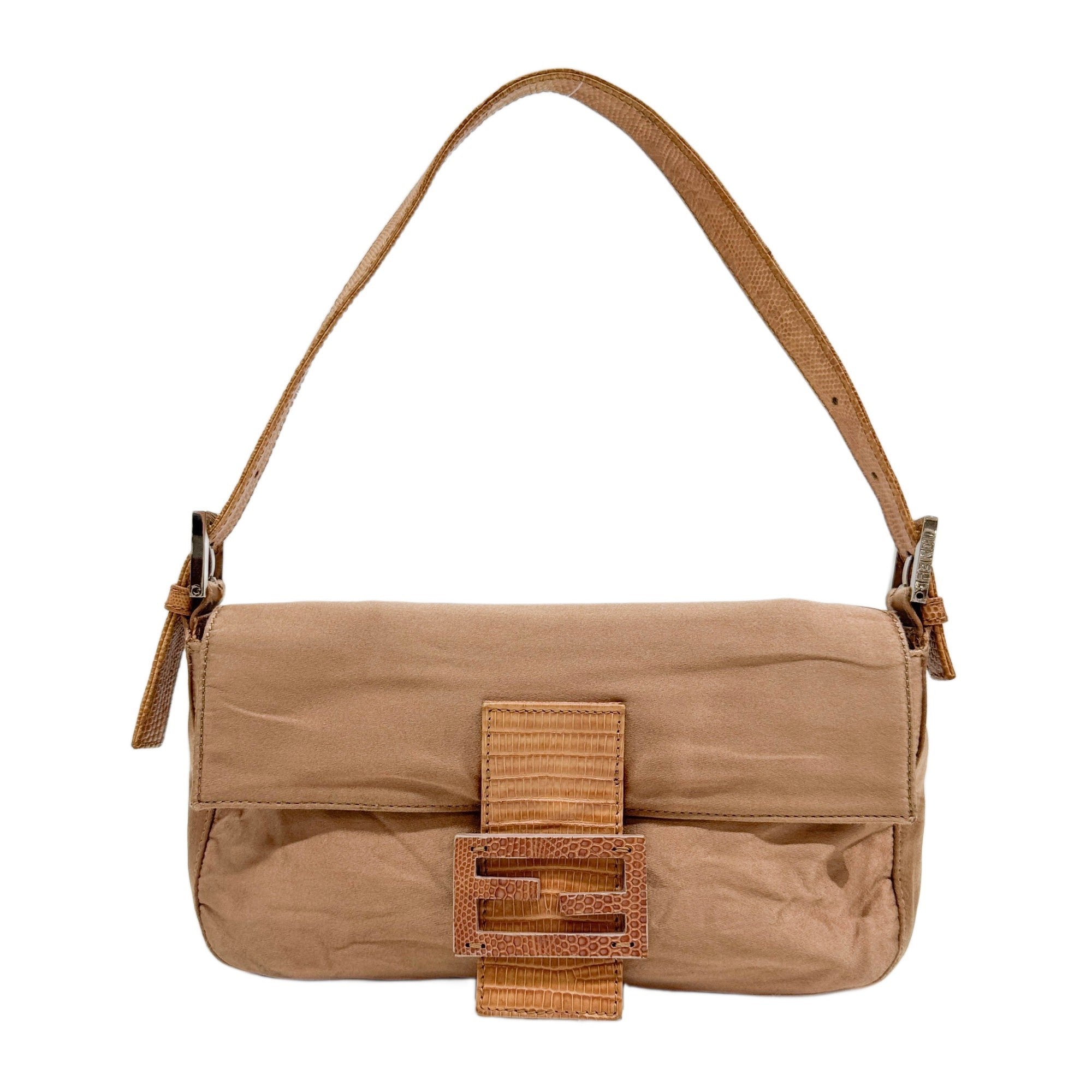 Baguette Brown Satin with Python Embossed Leather Shoulder Bag
