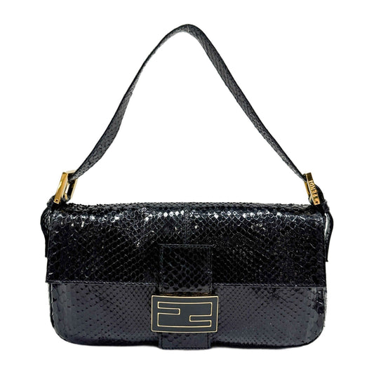 Baguette Black Python Embossed Leather Shoulder Bag