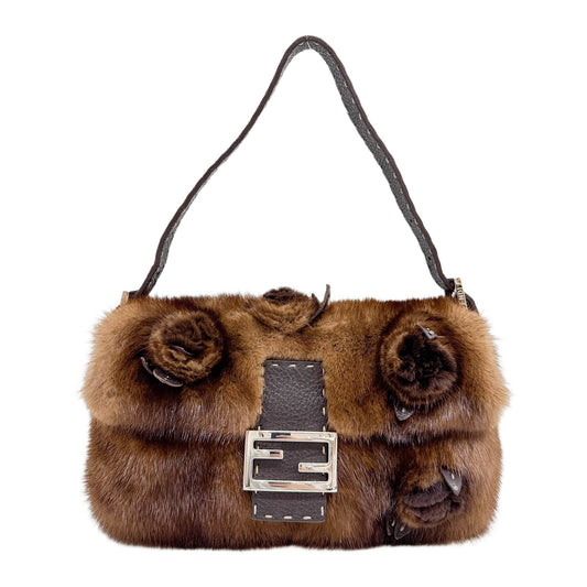 Baguette Selleria Floral Applique Brown Fur Shoulder Bag