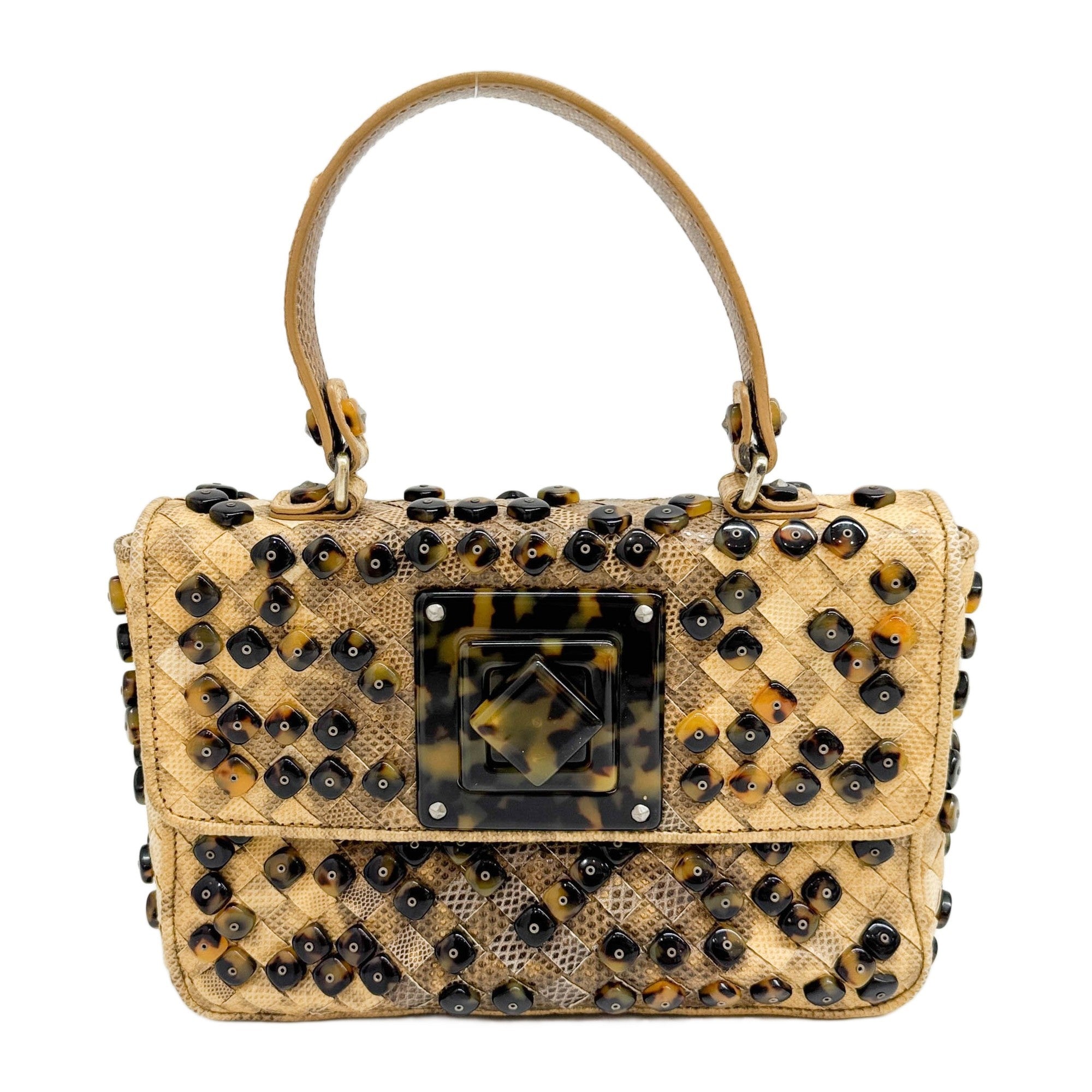 Intrecciato Tortoise Shell Beaded Brown Karung Embossed Leather Hand Bag