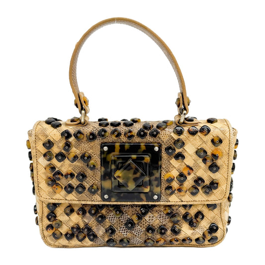 Intrecciato Tortoise Shell Beaded Brown Karung Embossed Leather Hand Bag