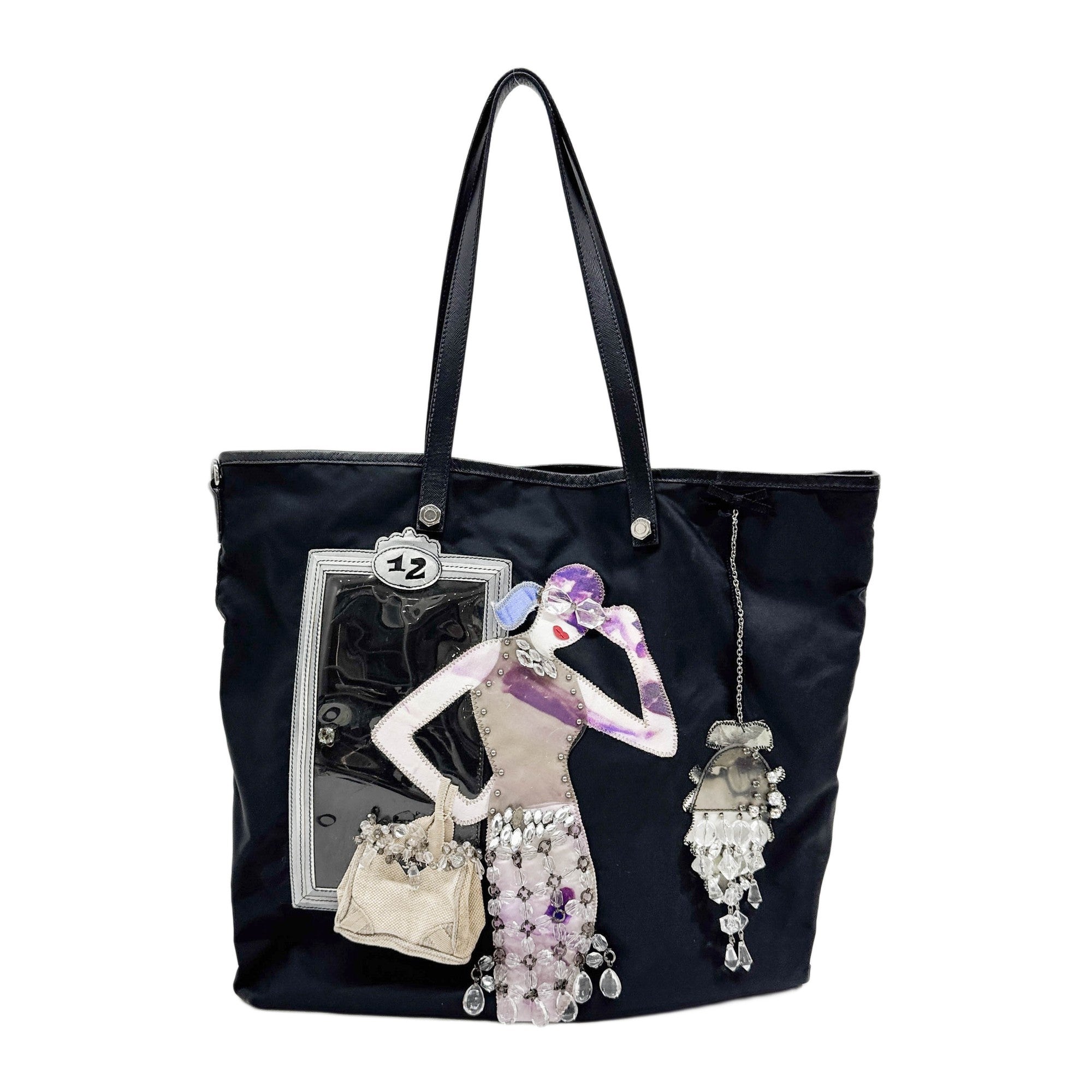 Crystal Embellished Black Nylon Tote Shoulder Bag