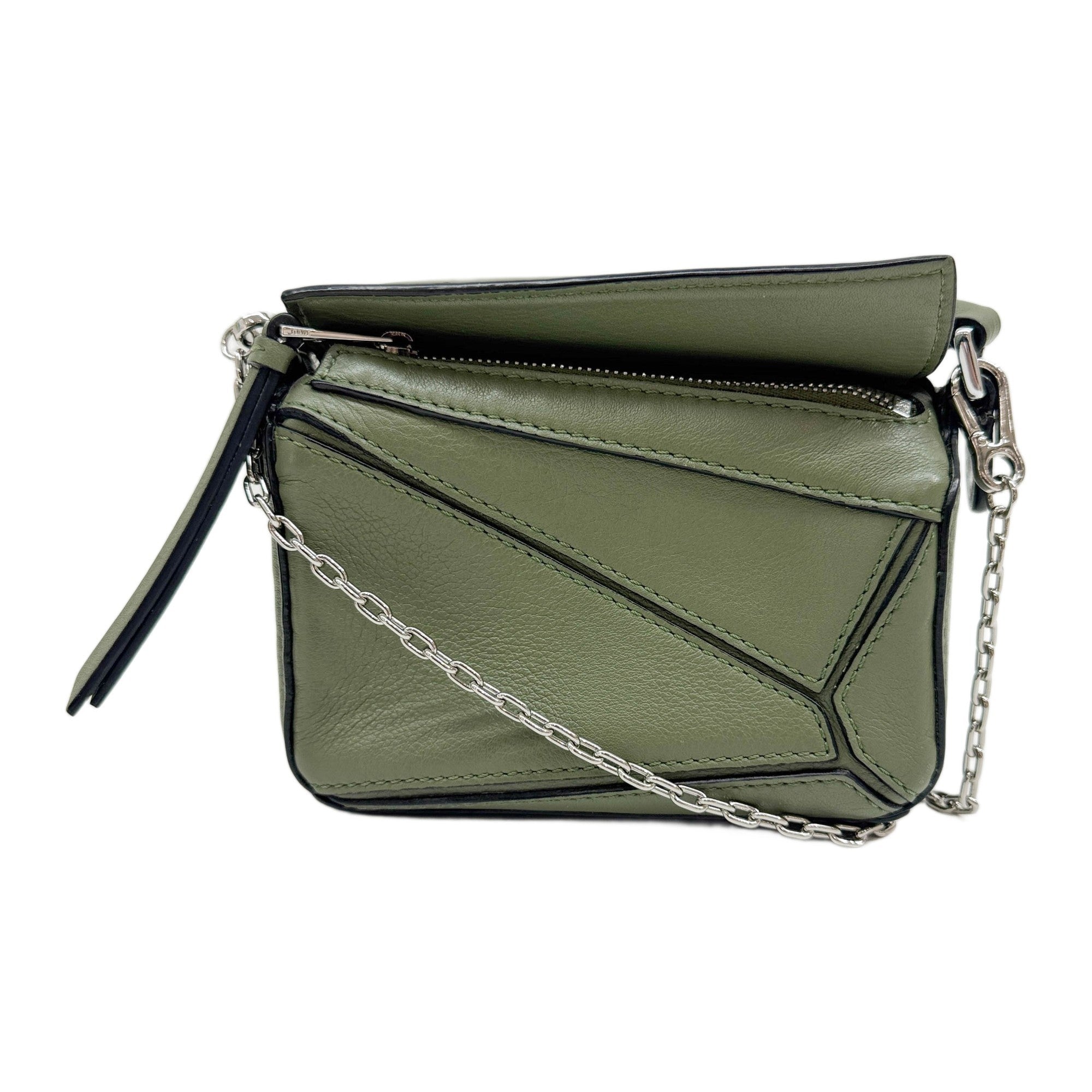 Mini Puzzle Forest Green Leather Chain Shoulder Bag