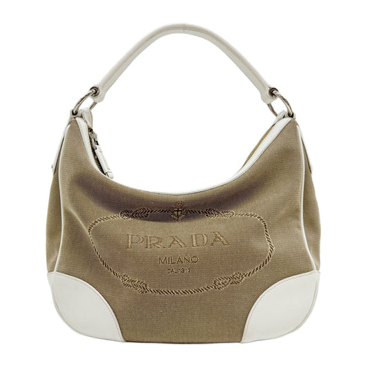 White & Brown Jacquard Canvas Hobo Shoulder Bag