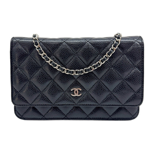 Wallet On Chain 2018 Matelasse Black Leather with Silver Hardware Crossbody Bag