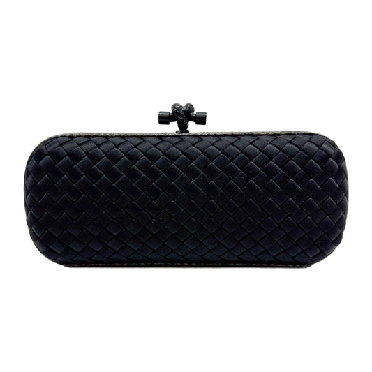 Long Knot Python Embossed Leather Trim Intrecciato Black Satin Clutch