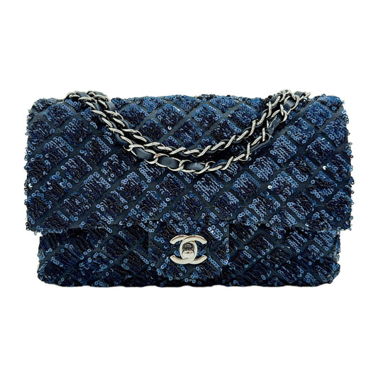 Medium Classic Flap 2012 Sequined Matelasse Blue Nylon Shoulder Bag
