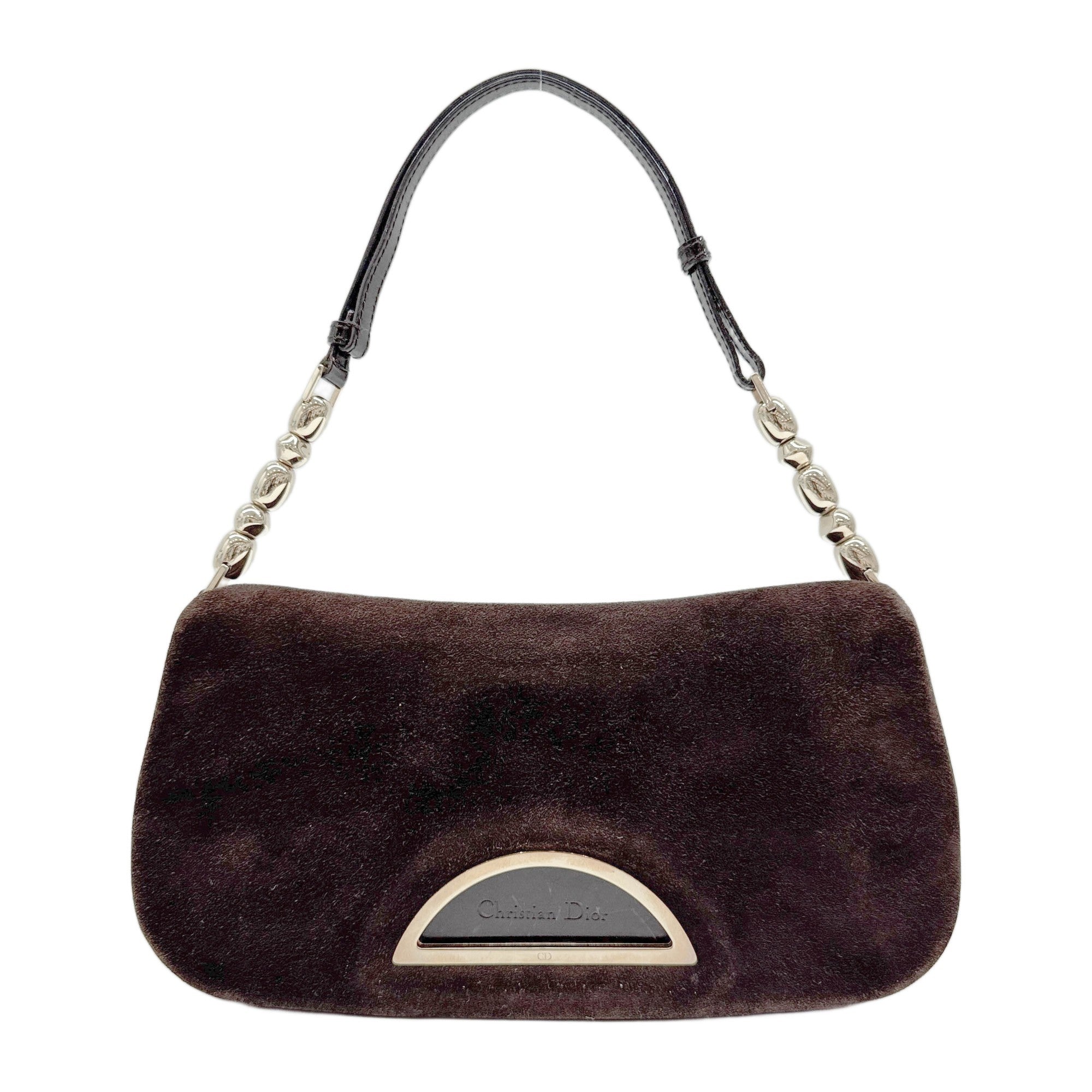 Malice Pearl Gold Hardware Brown Suede Shoulder Bag