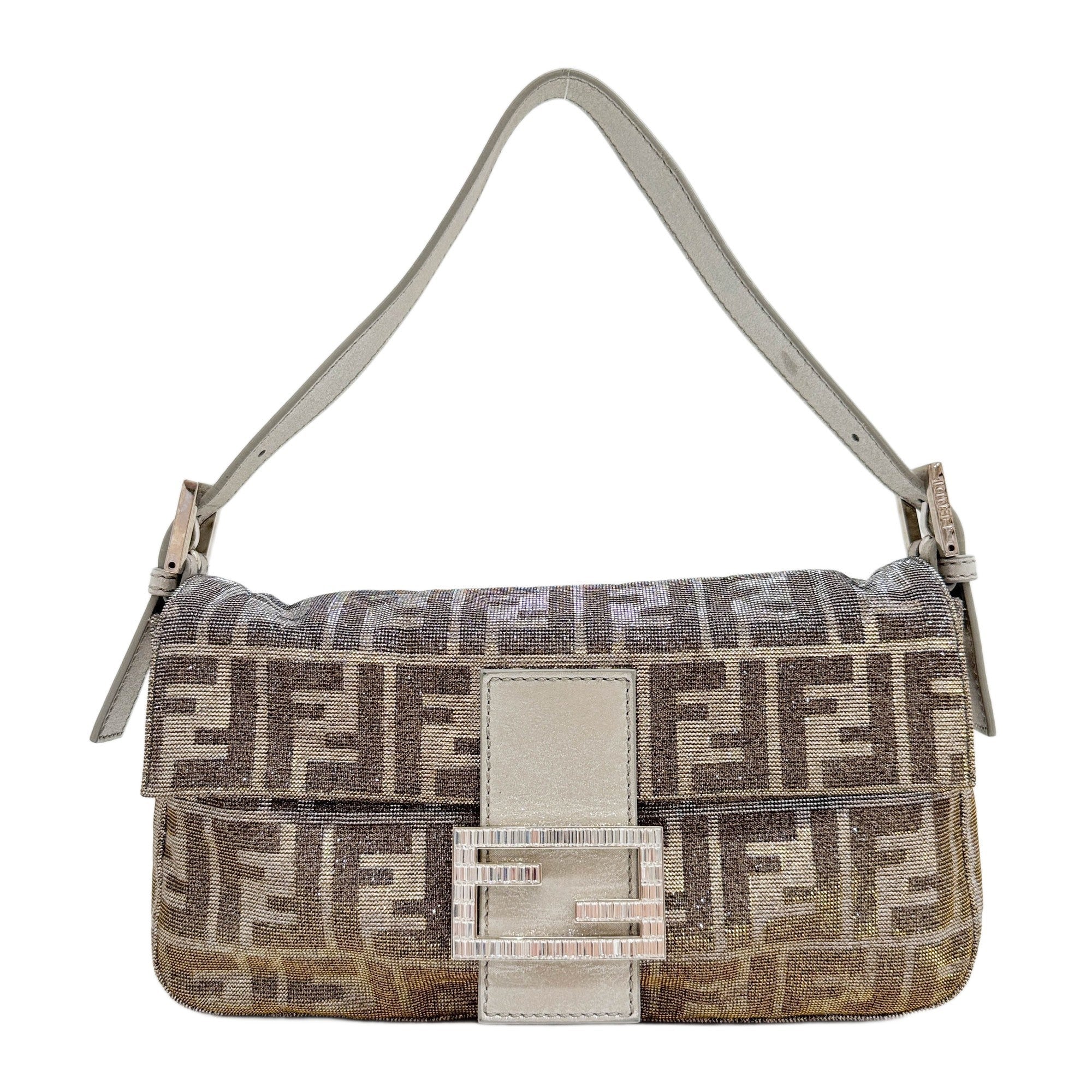 Baguette Silver Glitter Zucca Canvas Shoulder Bag