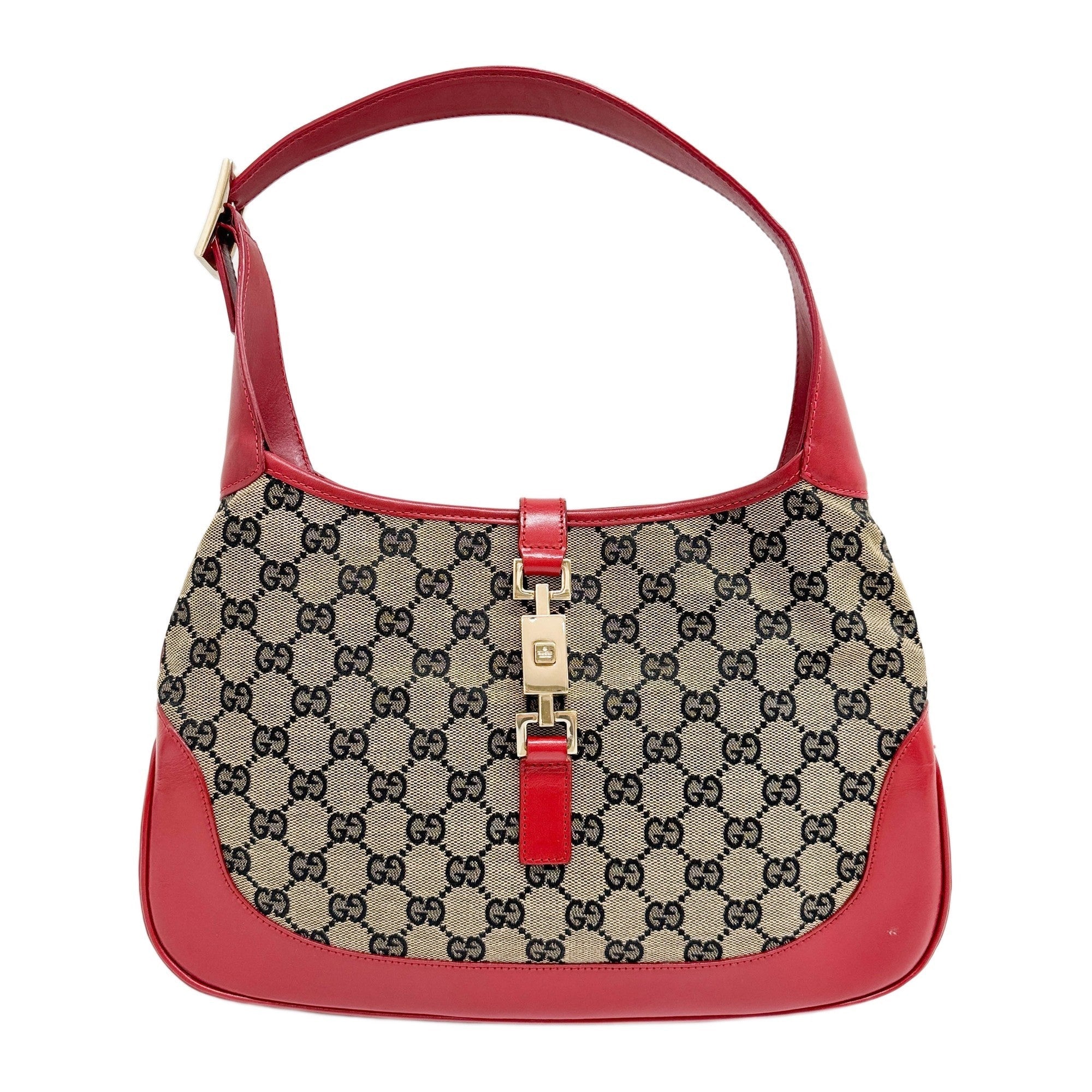 Jackie Red Leather Trim Brown GG Canvas Shoulder Bag