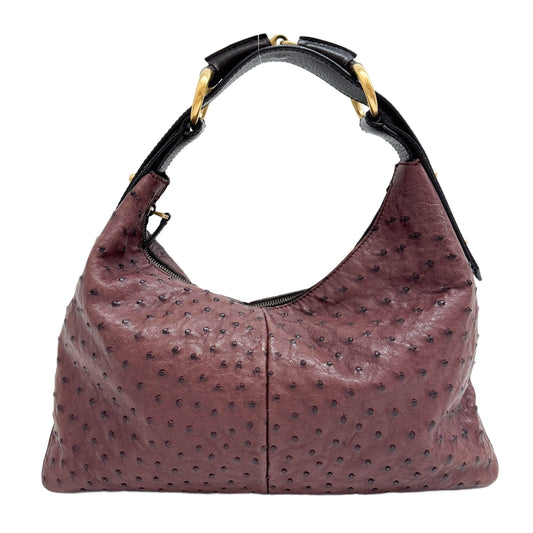 Horsebit Rosewood Red Ostrich Embossed Leather Shoulder Bag