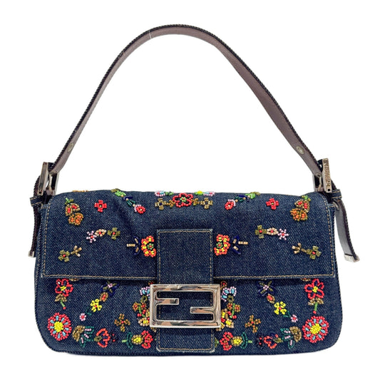 Baguette Floral Embroidered Blue Denim Shoulder Bag
