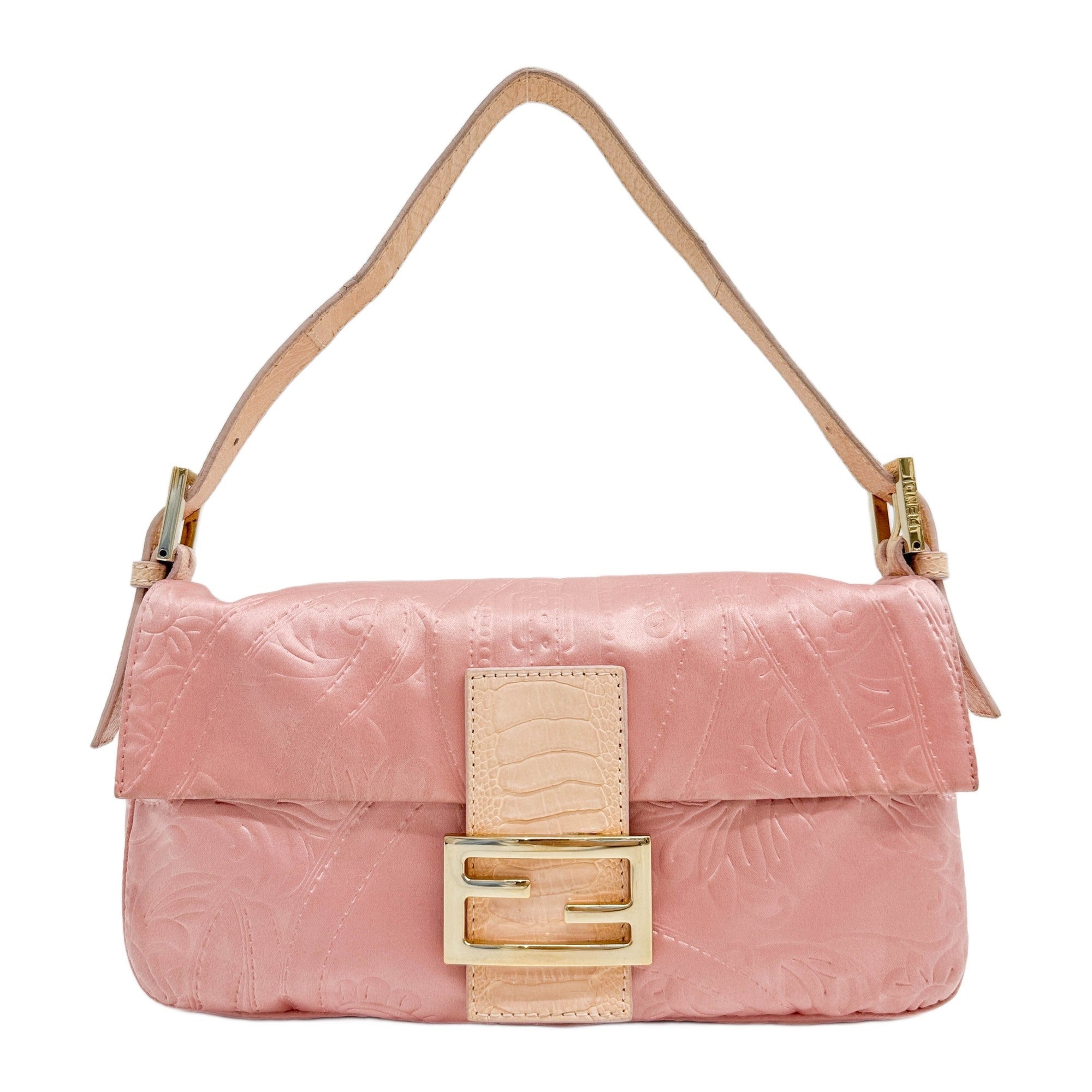 Baguette Pink Silk Flowers Embossed Shoulder Bag