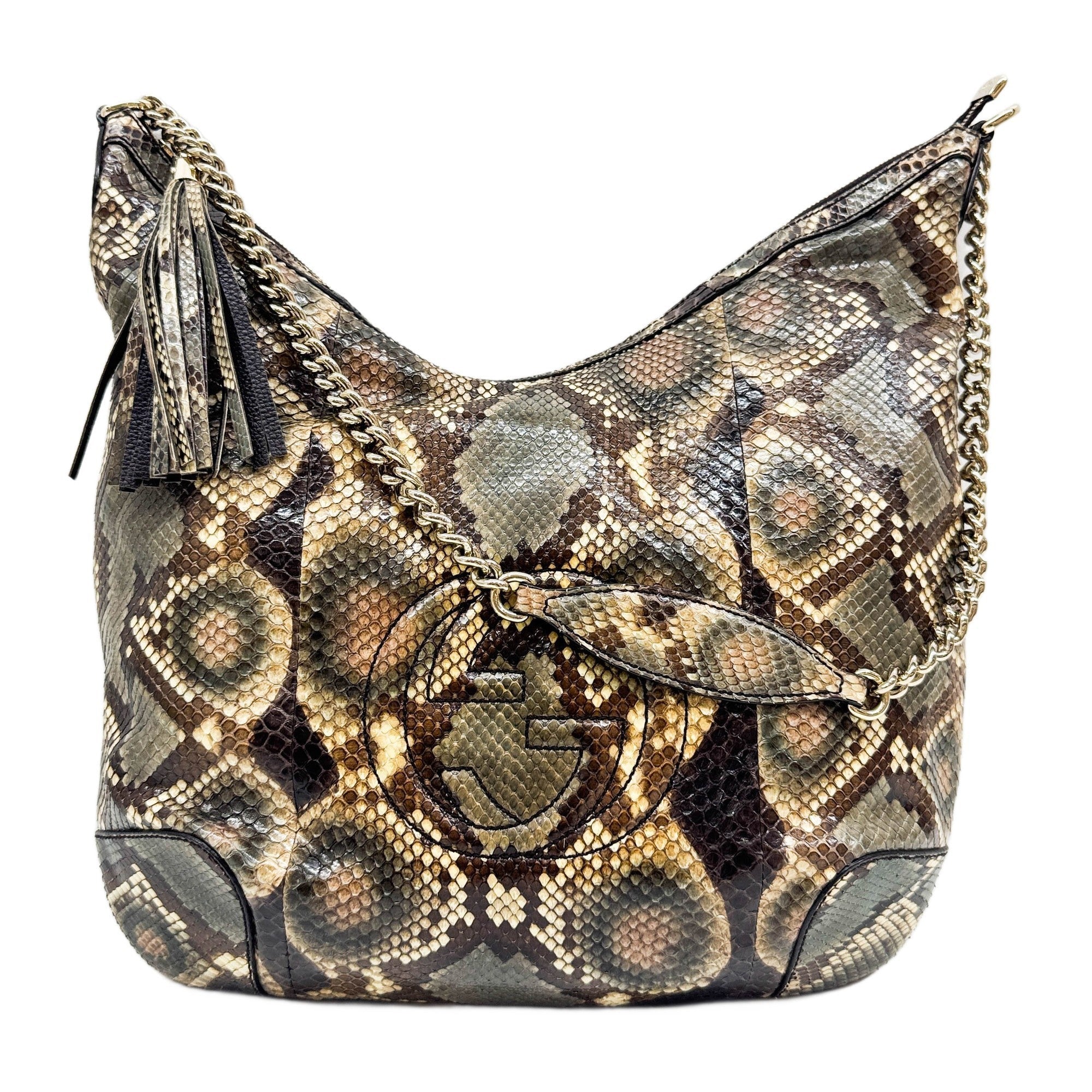 Soho Hobo Brown Python Embossed Leather Chain Shoulder Bag