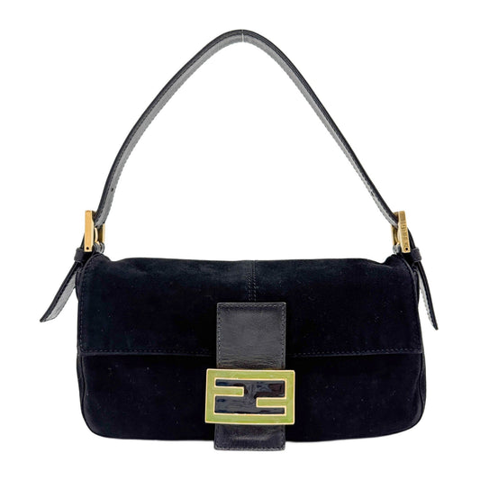 Baguette Black Suede Green Buckle Shoulder Bag