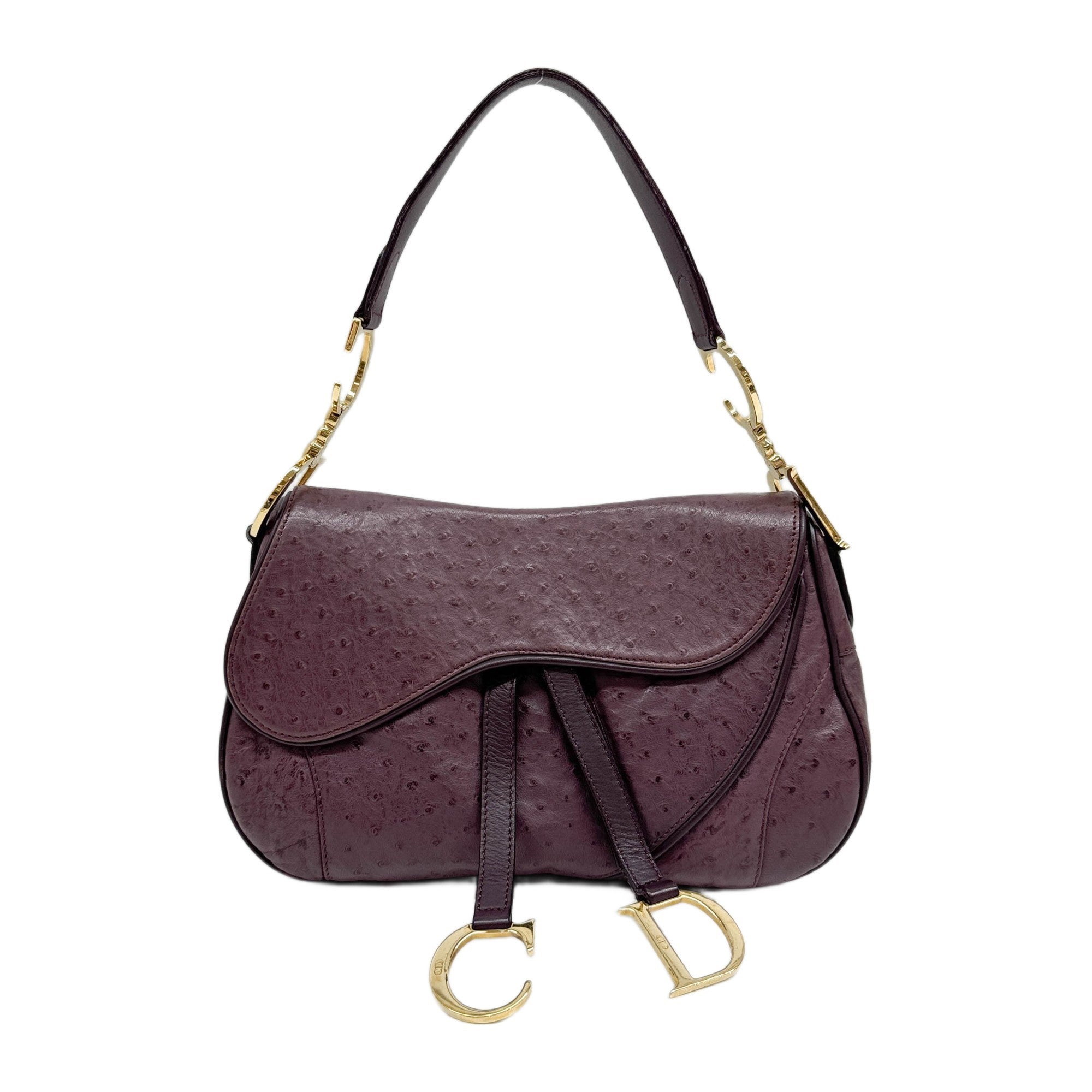 Double Saddle Purple Embossed Ostrich Leather Shoulder Bag