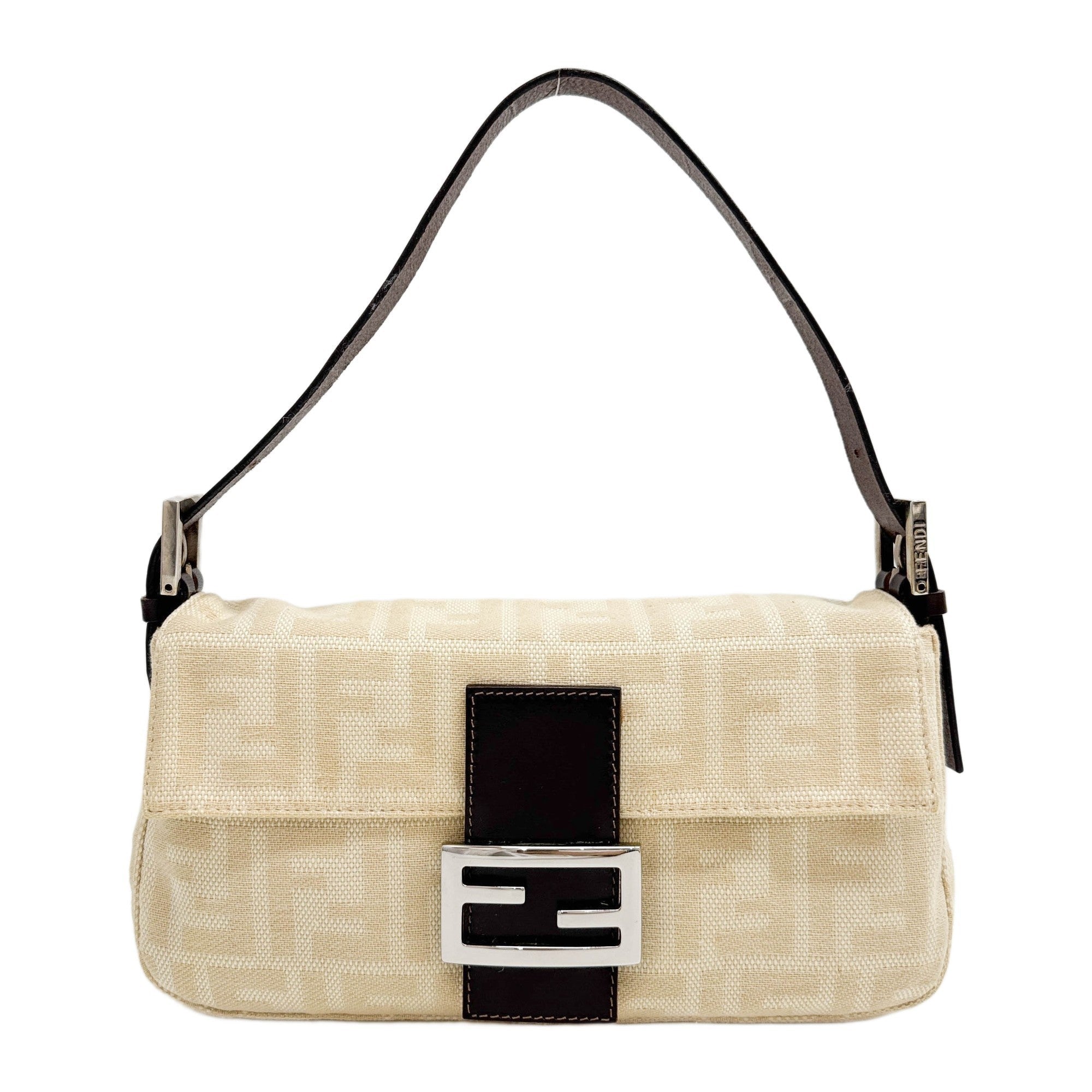 Baguette Beige Zucca Canvas Shoulder Bag