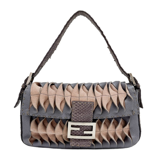 Baguette Snakeskin Trim and Ruffle Design Selleria Purple Leather Shoulder Bag