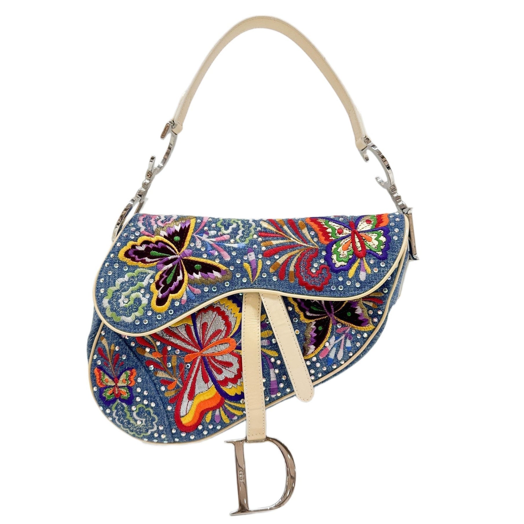 Saddle Butterfly Embroidered and Bedazzled Blue Denim Shoulder bag
