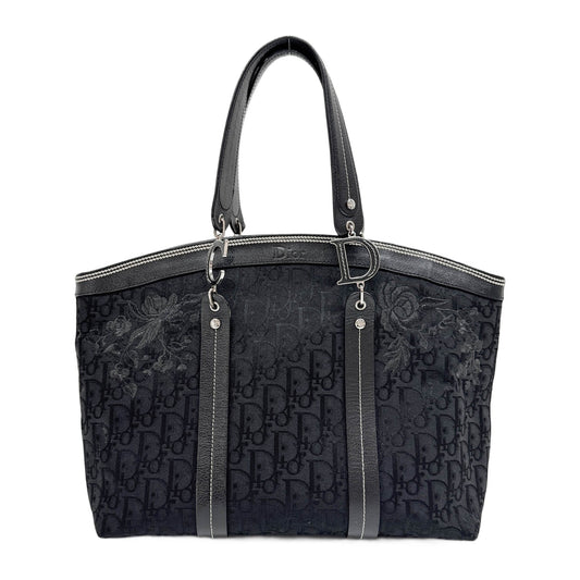 Flower Embroidered Black Trotter Canvas Tote Bag