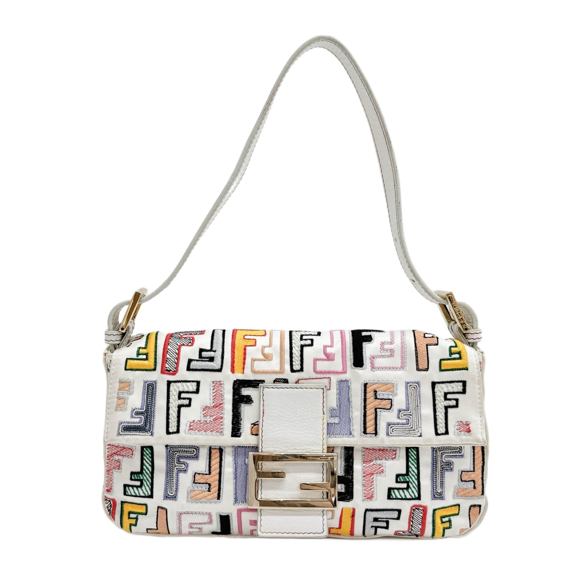 Baguette Embroidered Multicolor Zucca White Satin Shoulder Bag