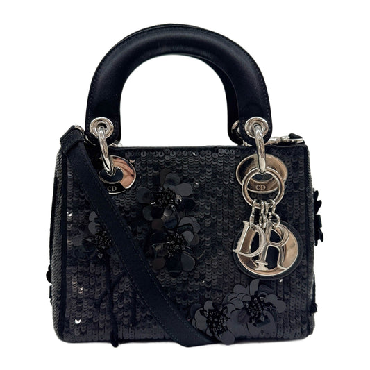 Mini Lady Dior Embroidered Floral Detail Black Sequin Two Way Bag