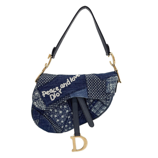 Saddle "Peace and Love" Patchwork Blue Denim Shoulder Bag