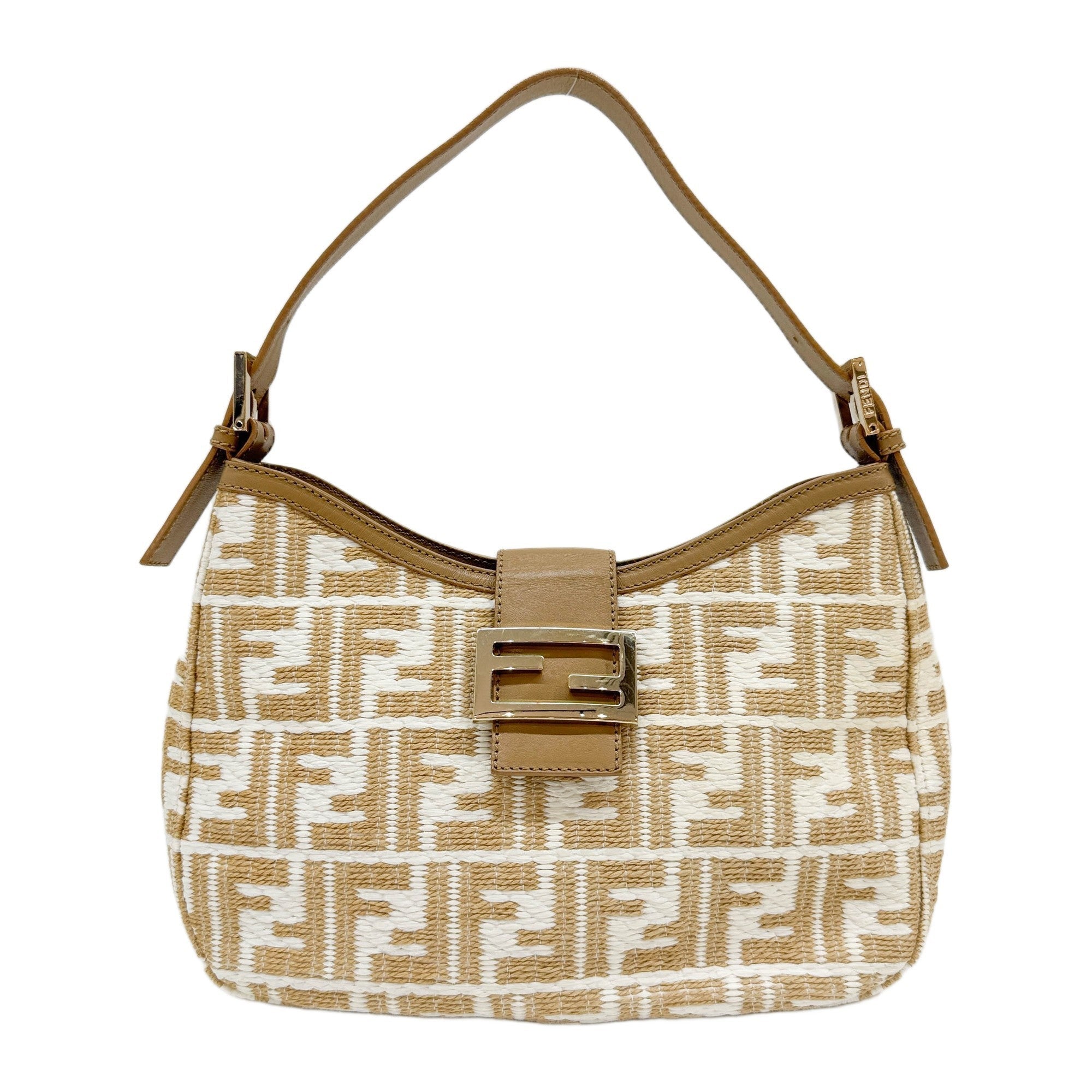 Vintage FF Logo Beige Zucca Raffia Shoulder Bag