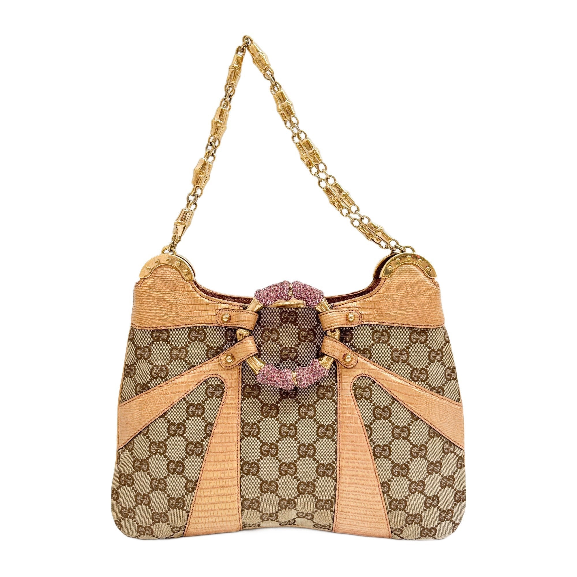 Bamboo Ring Crystal Embellished Exotic Leather Trim Brown GG Canvas Shoulder Bag