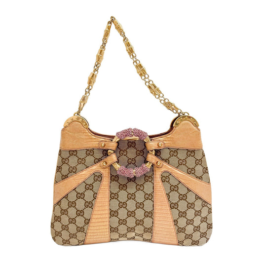 Bamboo Ring Crystal Embellished Exotic Leather Trim Brown GG Canvas Shoulder Bag