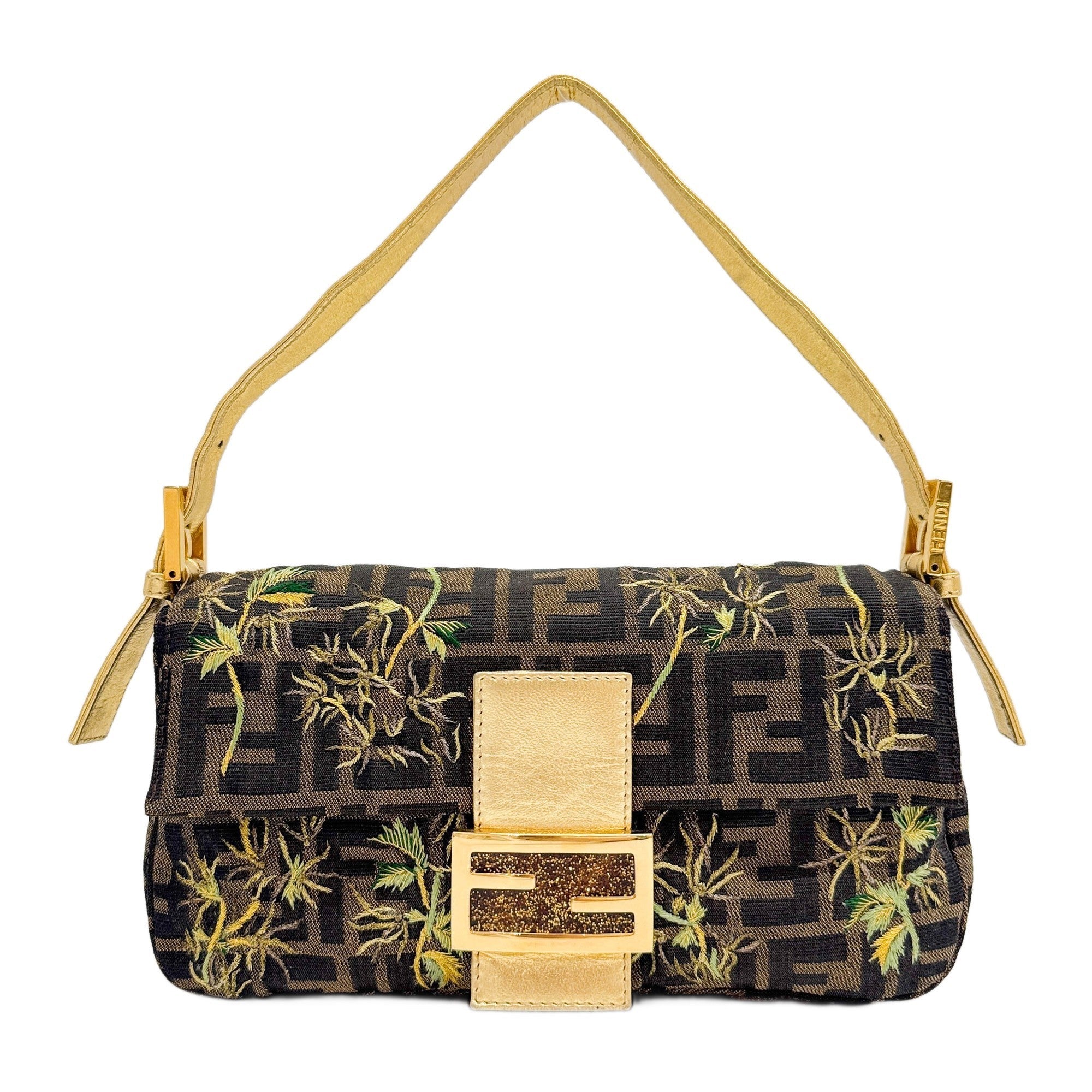 Baguette Tropical Embroidery Brown Zucca Canvas Shoulder Bag