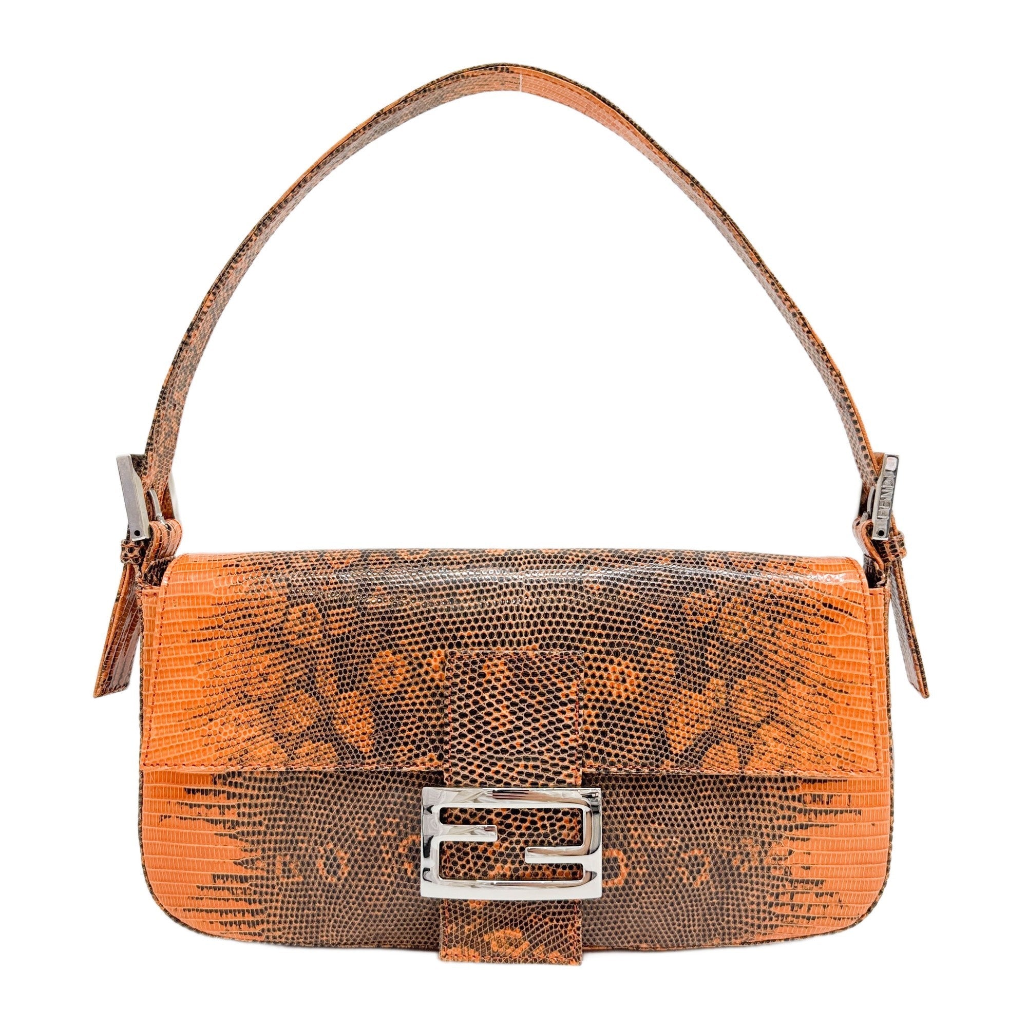 Baguette Orange Lizard Embossed Leather Shoulder Bag