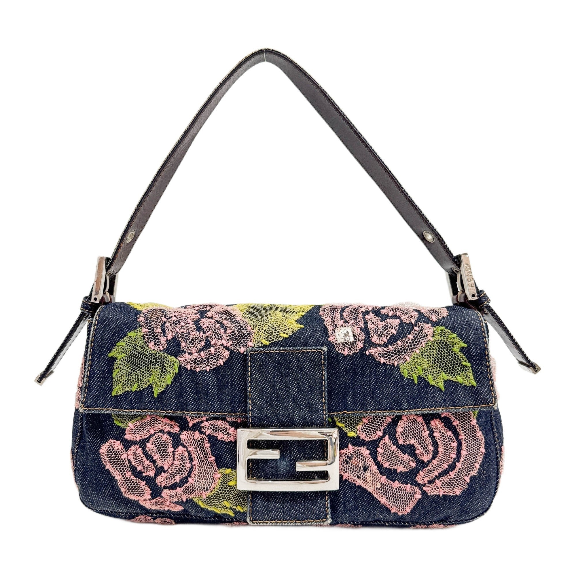 Baguette Floral Embroidered Blue Denim Shoulder Bag