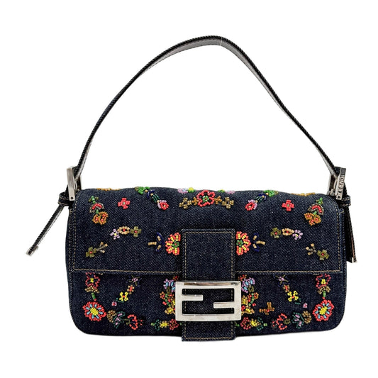 Baguette Floral Beaded Blue Denim Shoulder Bag