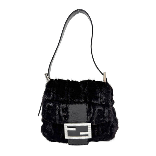 Mini Mamma Baguette Black Mink Fur Shoulder Bag