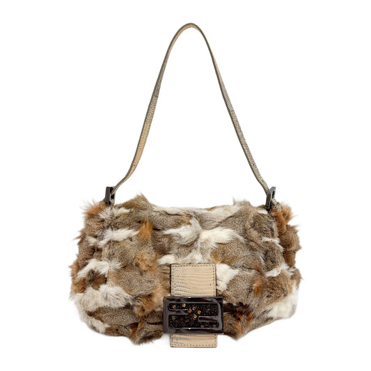 Mini Mamma Baguette Multicolour Brown Rabbit PrintFur Shoulder Bag