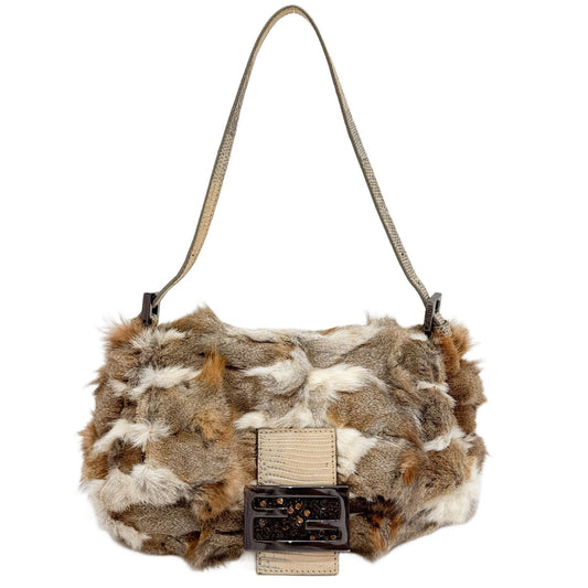 Mini Mamma Baguette Multicolour Brown Rabbit PrintFur Shoulder Bag
