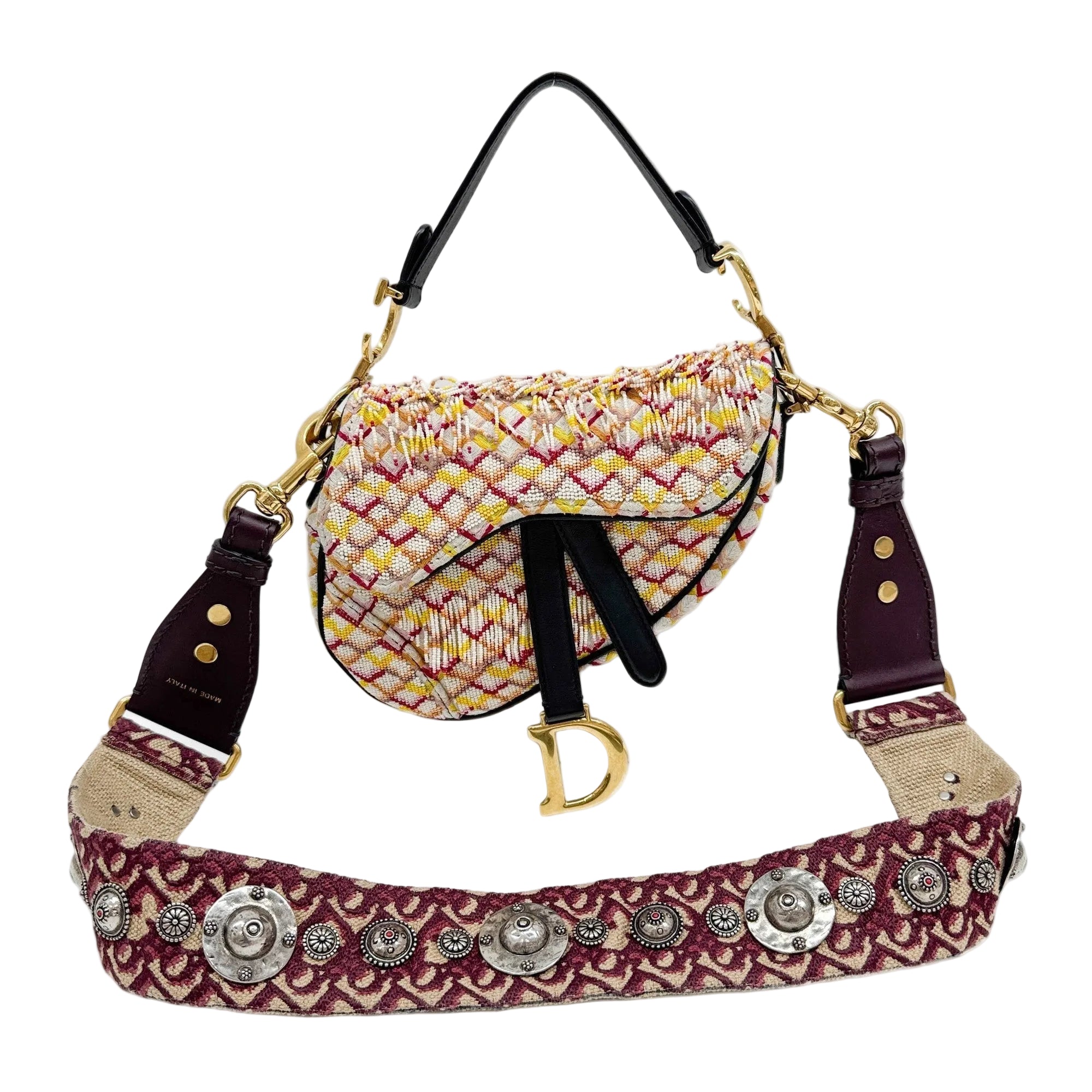 Mini Saddle Fringe and Embroidery Multicolor Beaded Two Way Bag
