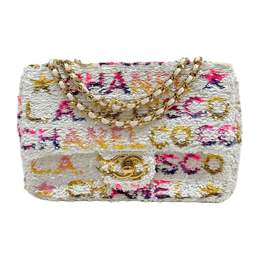"LA Disco" Small Classic Flap 2023-2024 White Sequin Shoulder Bag