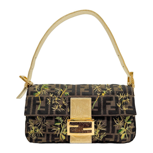 Baguette Embroidered Gold Plant Brown Zucca Canvas Shoulder Bag