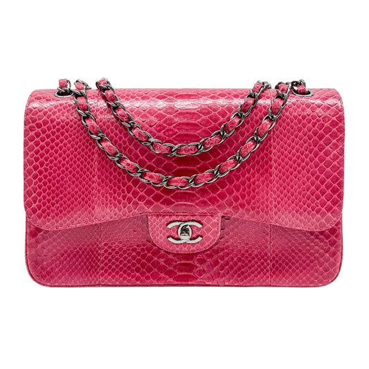 Jumbo Classic Double Flap 2014 Dragonfruit Pink Embossed Python Leather Shoulder Bag