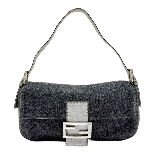 Baguette Crocodile Leather Trim Grey Cashmere Shoulder Bag