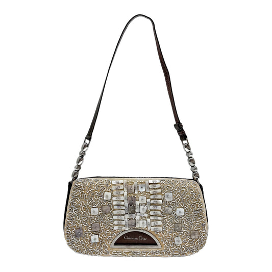 Malice Pearl Black Pony Hair and Beaded Beige Canvas Shoulder Bag