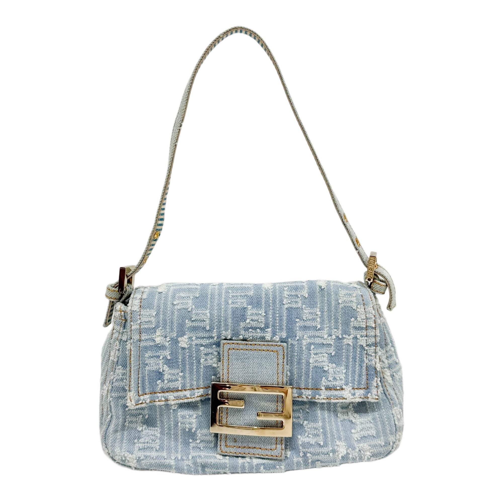 Mini Mamma Baguette Light Blue Zucca Denim Shoulder Bag