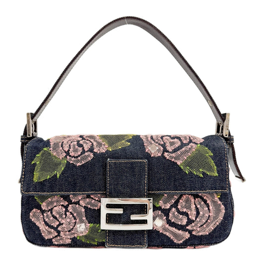 Baguette Floral Mesh Embroidery Blue Denim Shoulder Bag