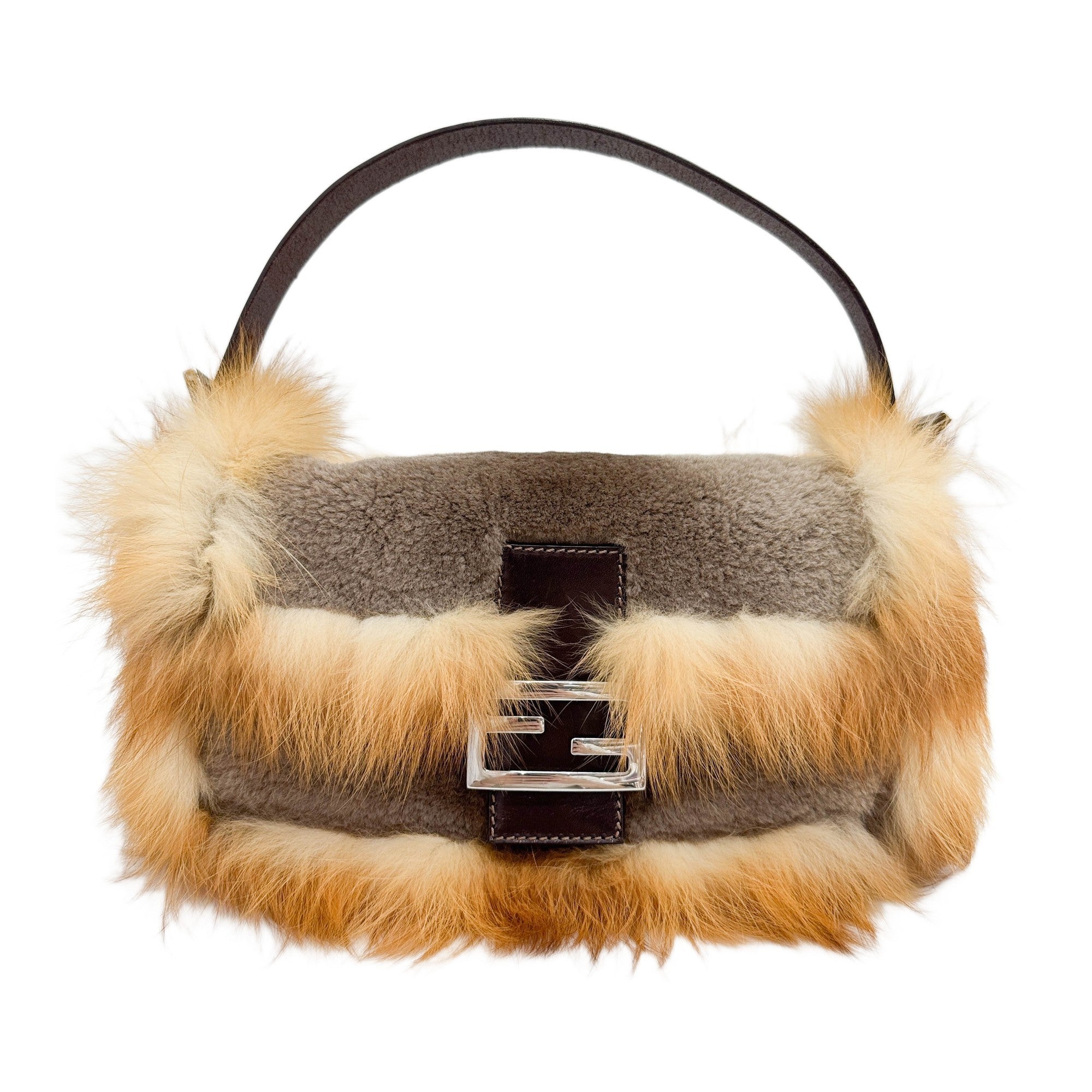 Baguette Brown Wool and Fox Fur Shoulder Bag